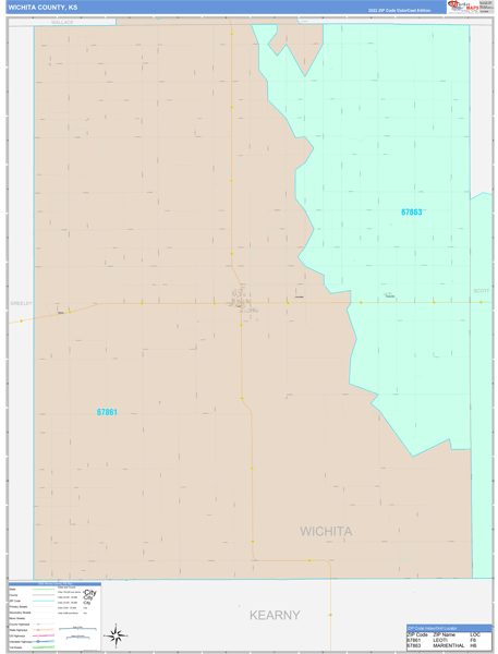 Wichita County, KS Wall Map Color Cast Style