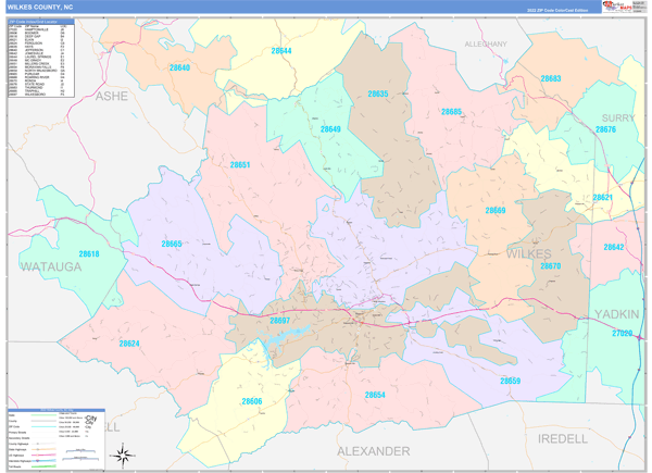 Wilkes County Wall Map Color Cast Style
