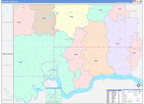 Williams County, ND Wall Map Color Cast Style