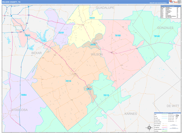 Wilson County, TX Wall Map Color Cast Style