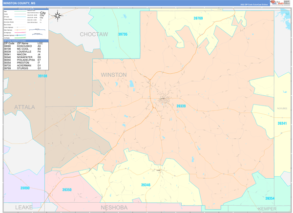 Winston County, MS Wall Map Color Cast Style by MarketMAPS - MapSales