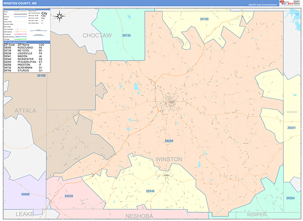 Winston County, MS Zip Code Map