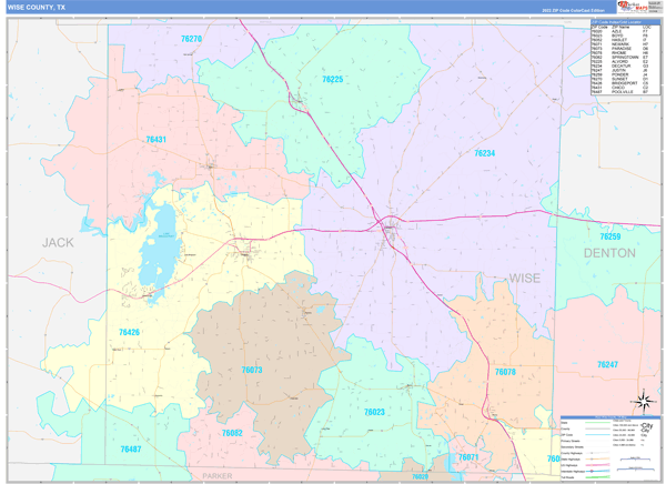 Wise County, TX Wall Map Color Cast Style