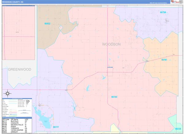 Woodson County, KS Wall Map Color Cast Style