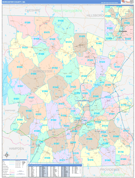 Worcester County, MA Zip Code Map
