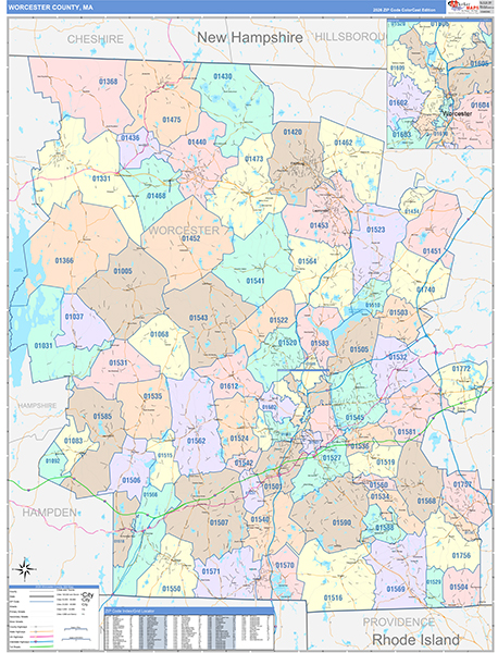 Worcester County, MA Wall Map
