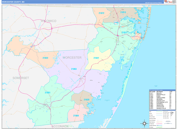 Worcester County Wall Map Color Cast Style