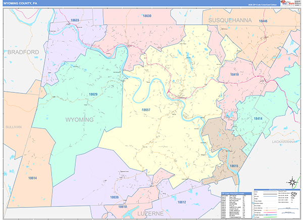 Wyoming County, PA Wall Map Color Cast Style