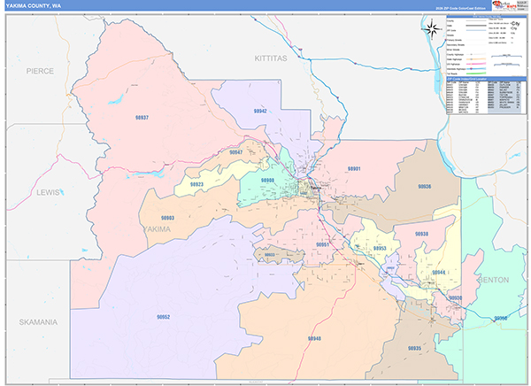 Yakima County, WA Wall Map Color Cast Style