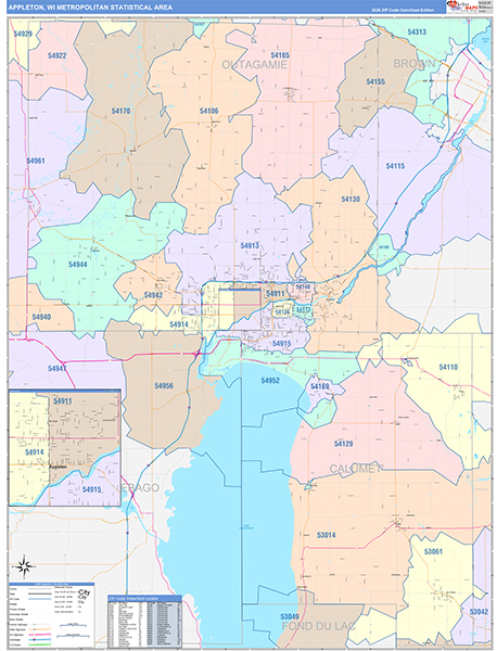 Appleton Metro Area Wall Map Color Cast Style