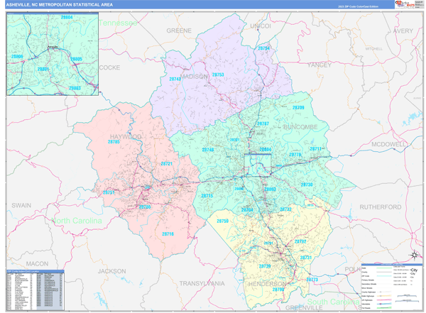 Asheville Metro Area Wall Map Color Cast Style