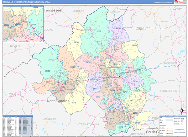 Asheville Metro Area Wall Map Color Cast Style