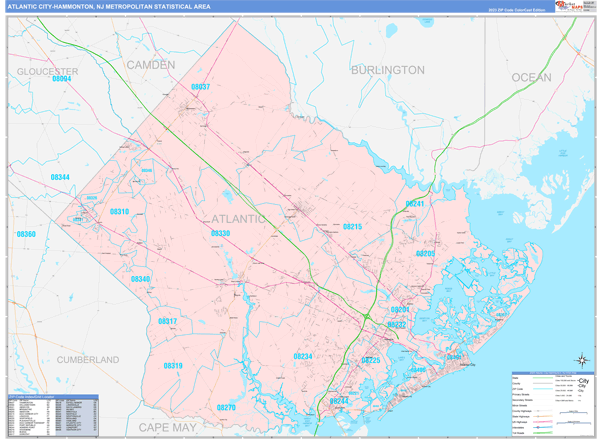 Atlantic City-Hammonton Metro Area, NJ Zip Code Wall Map - Color Cast