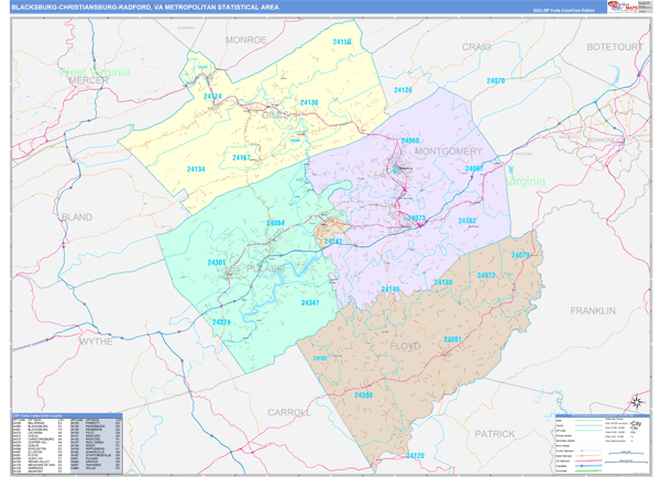 Blacksburg-Christiansburg-Radford Metro Area, VA Zip Code Map 