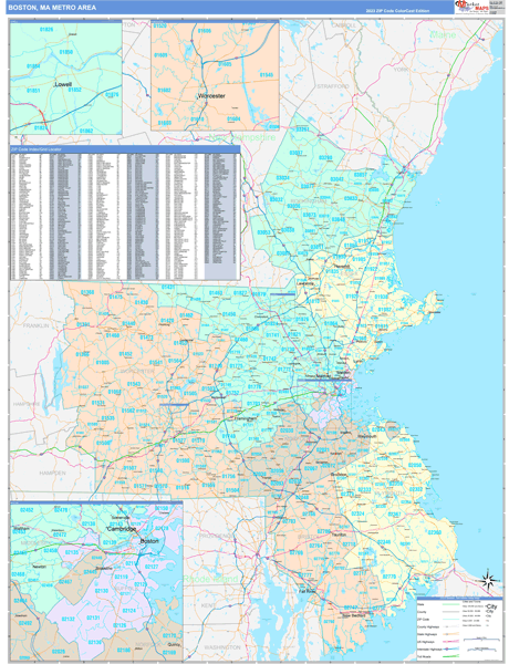 Boston-Cambridge-Newton, MA Metro Area Wall Map Color Cast Style by ...