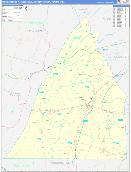 Chambersburg-Waynesboro, PA Metro Area Wall Map Color Cast Style by ...