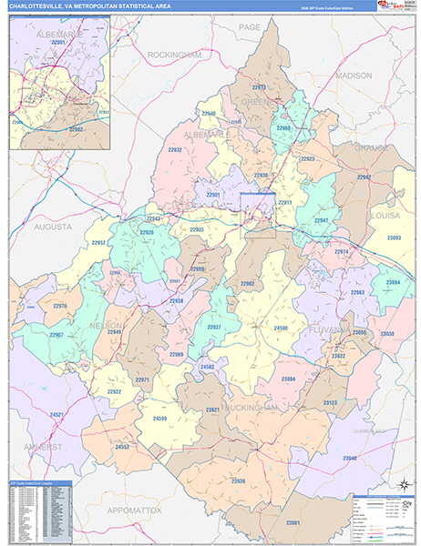 Charlottesville Metro Area Wall Map Color Cast Style
