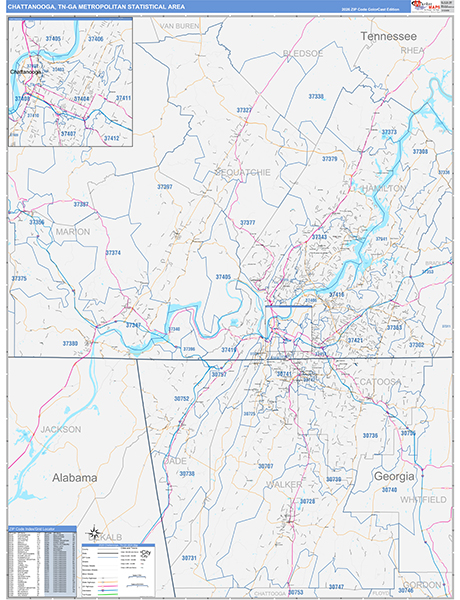 Chattanooga Metro Area Wall Map Color Cast Style