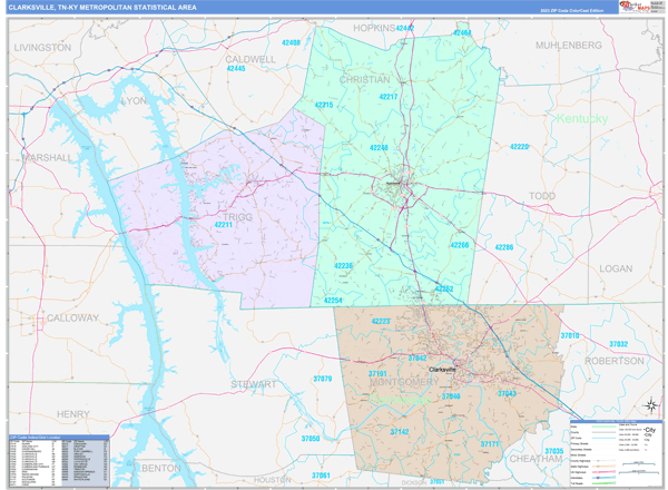 Clarksville Metro Area Wall Map Color Cast Style