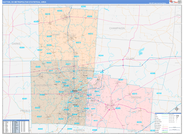 Dayton Metro Area Wall Map Color Cast Style