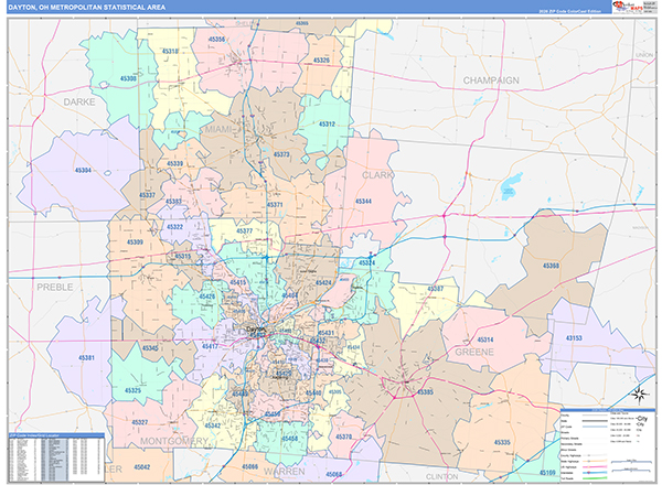 Dayton Metro Area Wall Map Color Cast Style