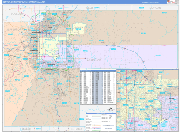 Denver Metro Area Wall Map Color Cast Style