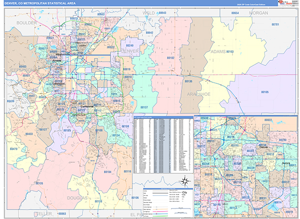 Denver Metro Area Wall Map Color Cast Style