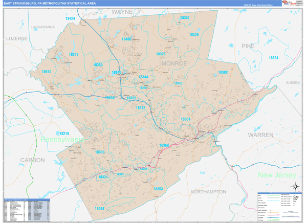 East Stroudsburg, PA Metro Area Wall Map Color Cast Style by MarketMAPS ...