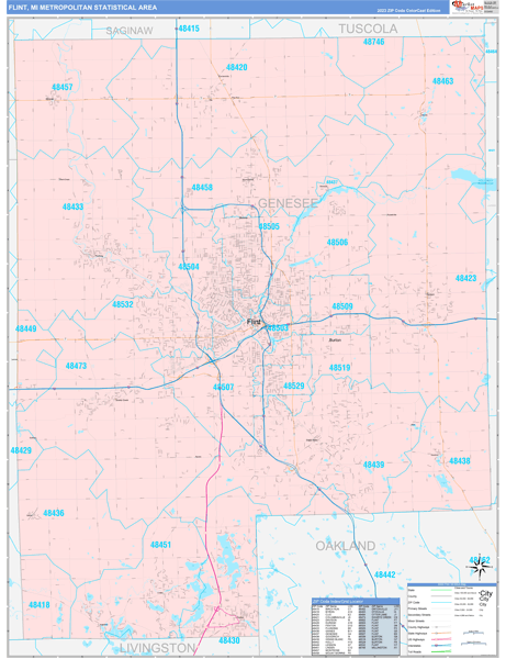 Flint Metro Area Wall Map Color Cast Style