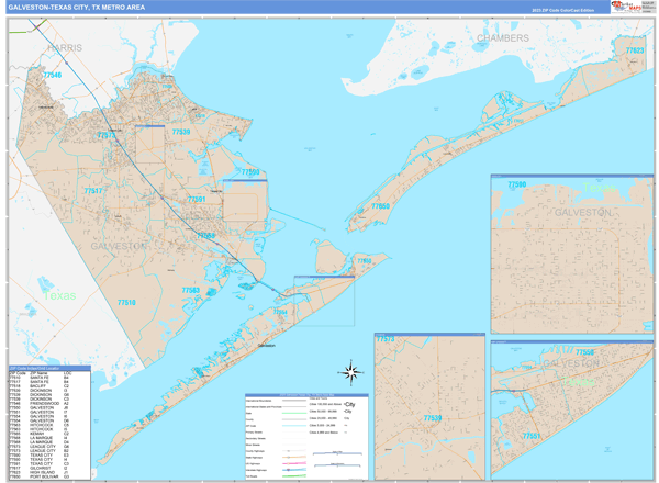 Galveston-Texas City, TX Metro Area Wall Map Color Cast Style by ...