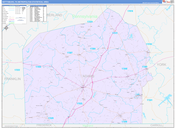 Gettysburg Metro Area Wall Map Color Cast Style