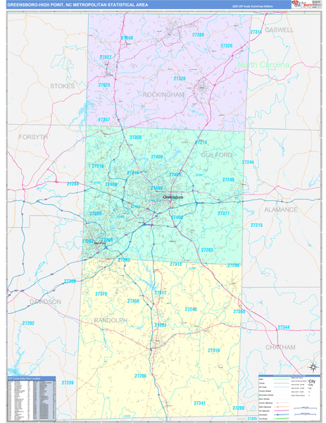 Greensboro-High Point, NC Metro Area Wall Map Color Cast Style by ...