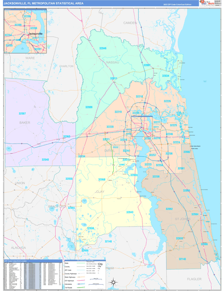 Jacksonville Metro Area Wall Map Color Cast Style