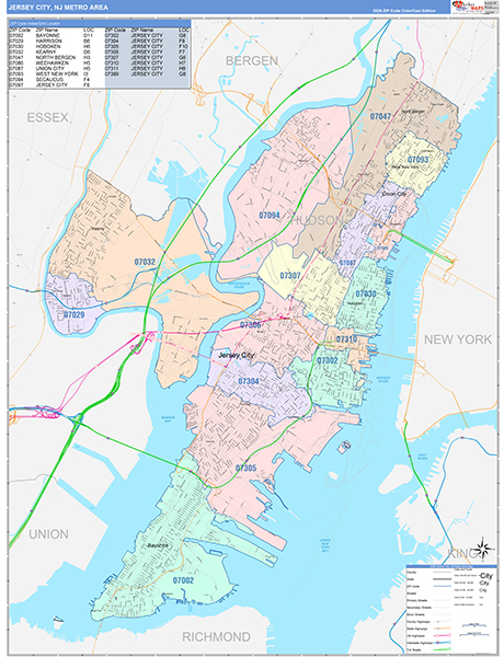 Jersey City, NJ Metro Area Wall Map Color Cast Style by MarketMAPS ...