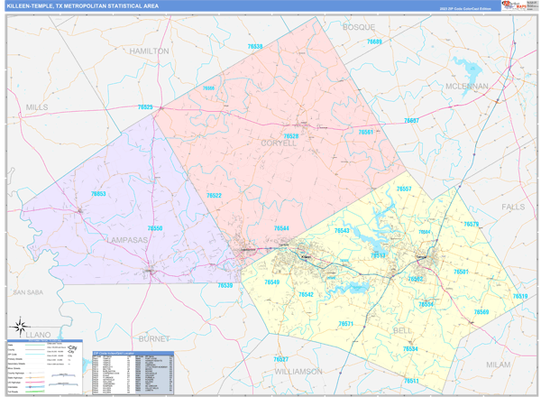 Killeen-Temple Metro Area, TX Zip Code Wall Map - Color Cast