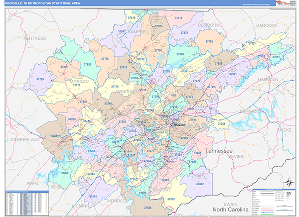 Knoxville Metro Area Wall Map Color Cast Style
