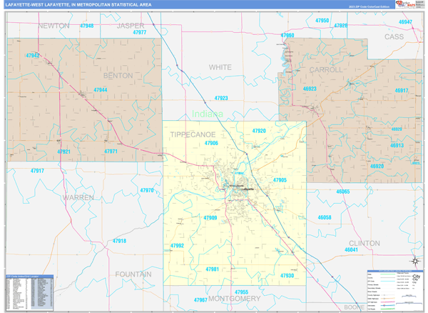 Lafayette-West Lafayette, IN Metro Area Wall Map Color Cast Style by ...