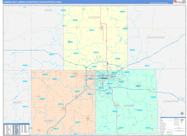 Lansing-East Lansing, MI Metro Area Wall Map Color Cast Style by ...