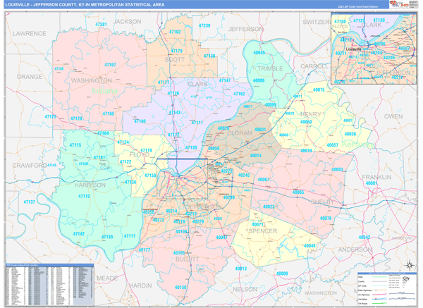 Louisville Jefferson County Metro Area KY 5 Digit Zip Code Maps