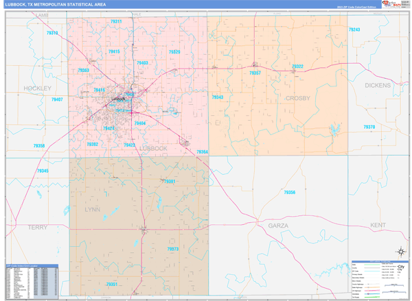 Lubbock Metro Area Wall Map Color Cast Style