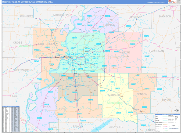 Memphis Metro Area Wall Map Color Cast Style