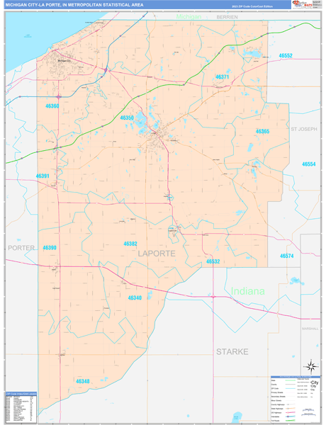 Michigan City-La Porte Metro Area, IN Zip Code Wall Map - Color Cast