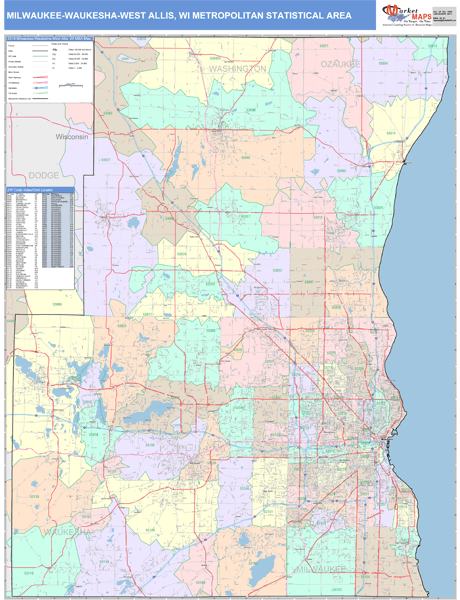 Milwaukee-Waukesha-West Allis, WI Metro Area Wall Map Color Cast Style ...