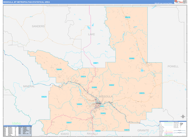 Missoula Metro Area Wall Map Color Cast Style