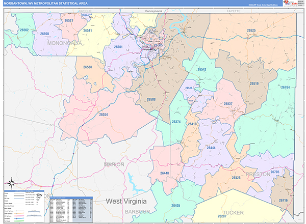 Morgantown Metro Area Wall Map Color Cast Style
