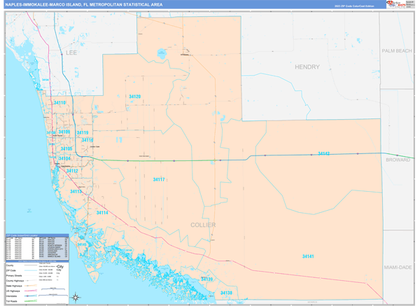 Naples-Immokalee-Marco Island, FL Metro Area Wall Map Color Cast Style ...