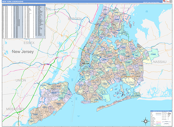 New York 5 Boroughs, NY Metro Area Wall Map Color Cast Style by ...