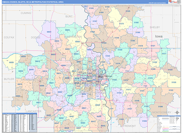 Omaha-Council Bluffs, NE Metro Area Wall Map Color Cast Style by ...