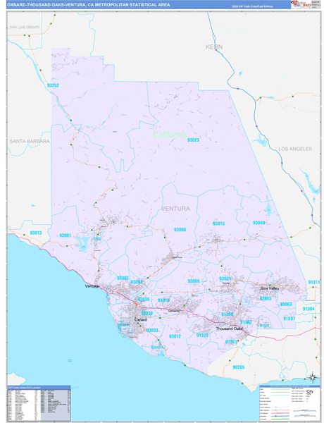 Oxnard-Thousand Oaks-Ventura, CA Metro Area Wall Map Color Cast Style ...