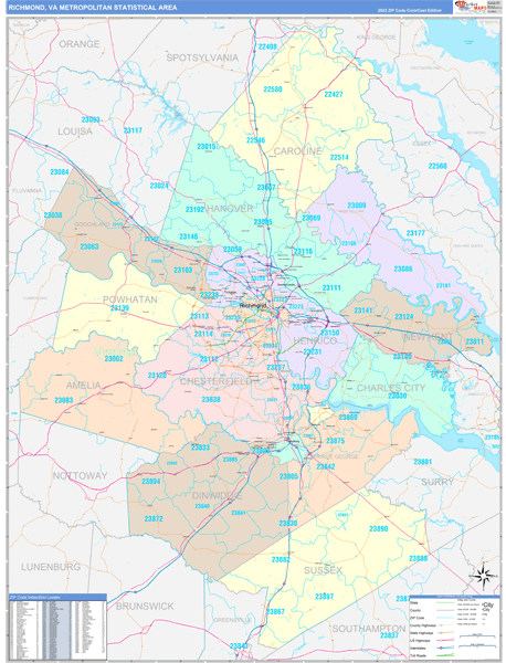 Richmond Metro Area Wall Map Color Cast Style